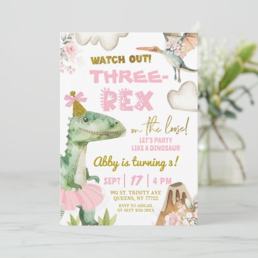 Dinosaur Tutu ThreeRex Girl 3e verjaardag Kaart (Staand voorkant)