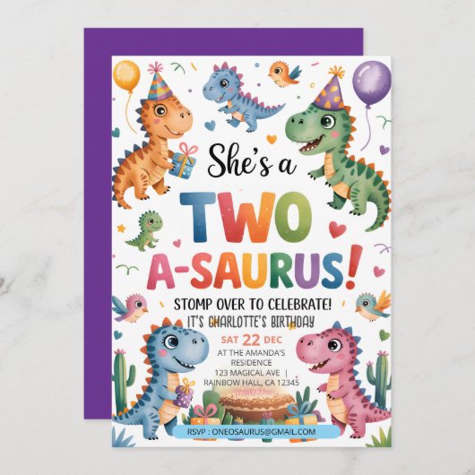 Dinosaur Twee A-Saurus 2e Verjaardagsfeest T-Rex Kaart (Voorkant / Achterkant)