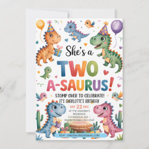 Dinosaur Twee A-Saurus 2e Verjaardagsfeest T-Rex Kaart