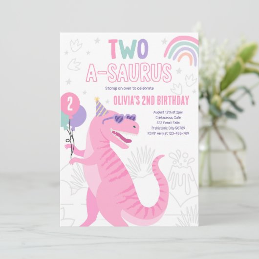 Dinosaur Twee A-Saurus 2e Verjaardagsfeest T-Rex Kaart (Staand voorkant)