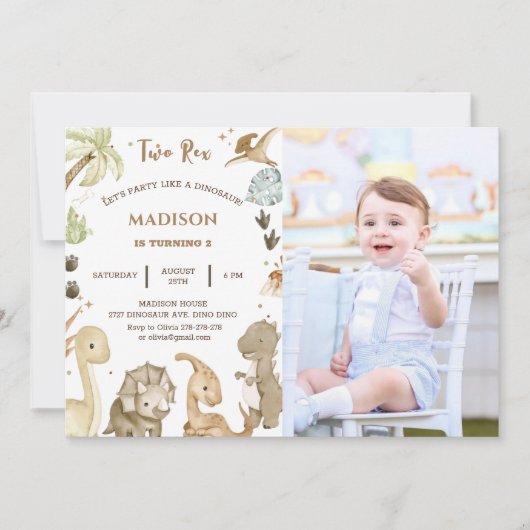 Dinosaur Twee Rex 2e Verjaardagsfeestje Kaart (Voorkant)