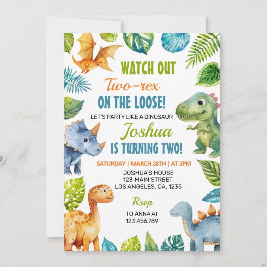 Dinosaur Twee-Rex Verjaardag Uitnodiging (Voorkant)