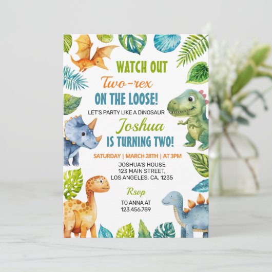 Dinosaur Twee-Rex Verjaardag Uitnodiging (Staand voorkant)