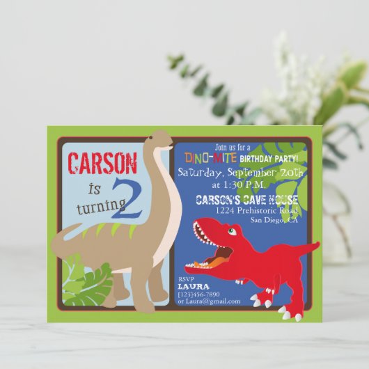 Dinosaur tweede verjaardag uitnodiging Kaart (Staand voorkant)