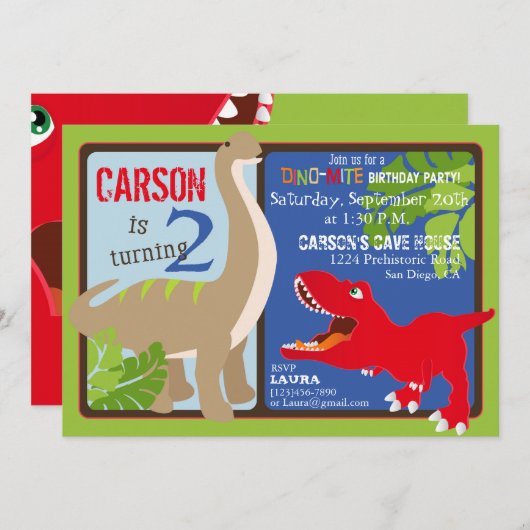 Dinosaur tweede verjaardag uitnodiging Kaart (Voorkant / Achterkant)