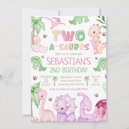 Dinosaur Two-A-Saurus Girl 2e verjaardag Kaart (Voorkant)