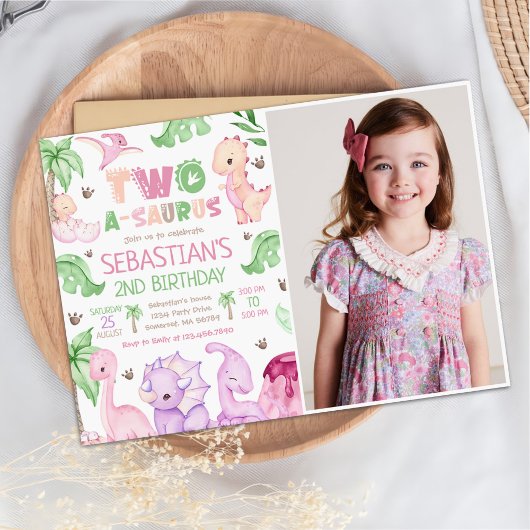 Dinosaur Two-A-Saurus Meisje 2e Verjaardag Foto Kaart