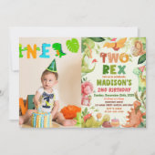 Dinosaur Two Rex Greenery 2e verjaardag foto Kaart (Voorkant)