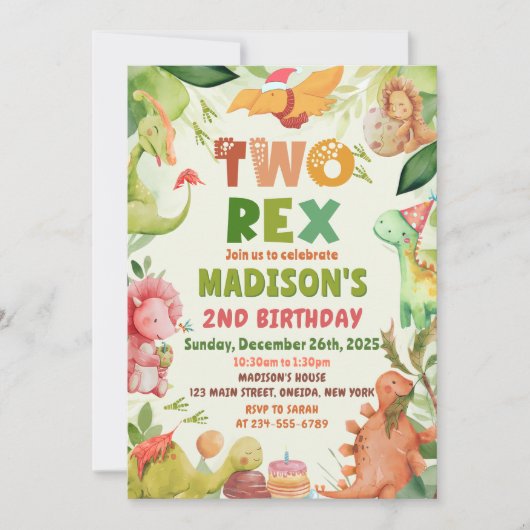 Dinosaur Two Rex Greenery Uitnodiging 2e Verjaarda (Voorkant)
