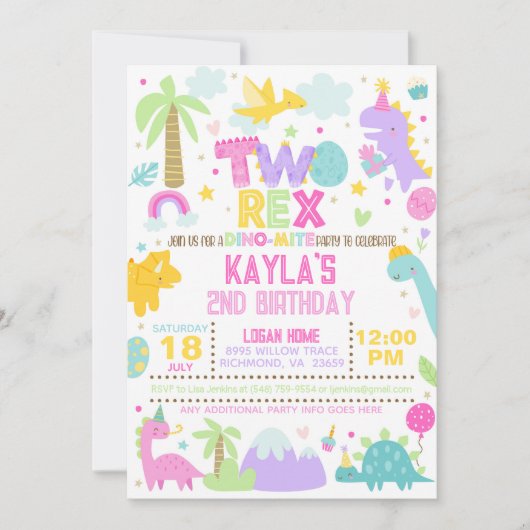 Dinosaur TWO Rex Uitnodiging 2e Verjaardag (Voorkant)
