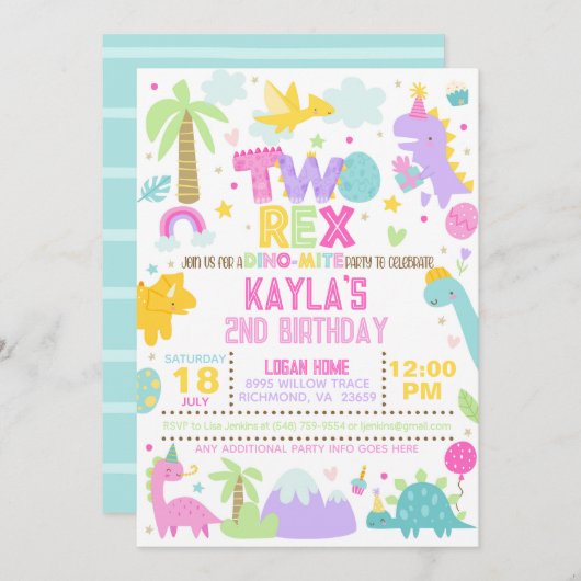 Dinosaur TWO Rex Uitnodiging 2e Verjaardag (Voorkant / Achterkant)