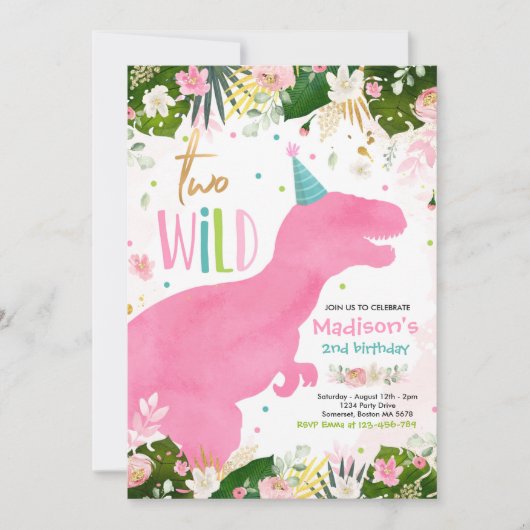 Dinosaur Two Wild Birthday Pink Dinosaur Birthday Kaart (Voorkant)