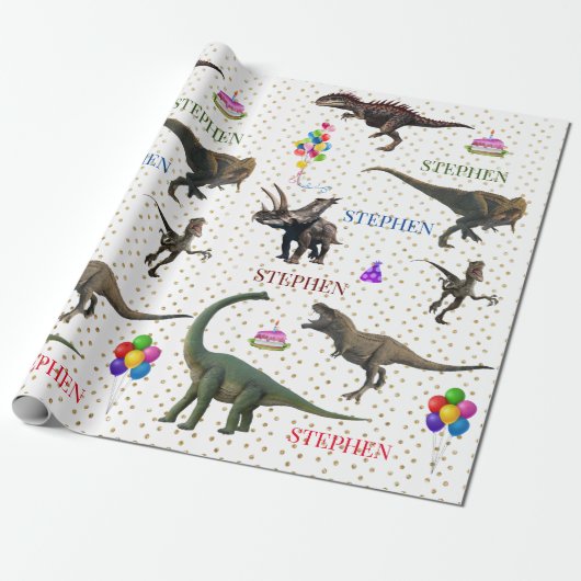 Dinosaur Tyrannosaurus Birthday Persoonlijke benam Cadeaupapier (Uitgerold)