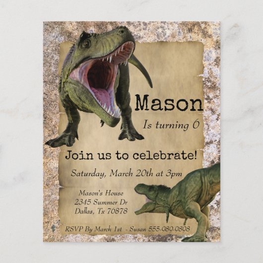 Dinosaur Tyrannosaurus T-Rex Child Birthday Invita Flyer (Voorkant)