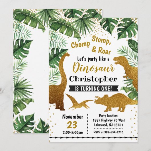 Dinosaur-uitnodiging, Dinosaur-verjaardag Kaart (Voorkant / Achterkant)