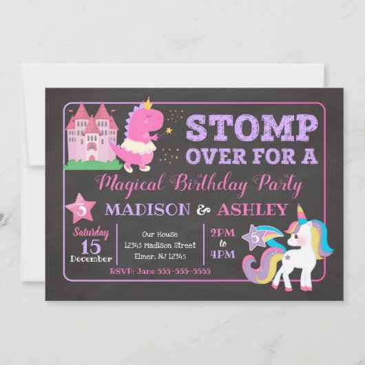 Dinosaur & Unicorn Joint Birthday Invitation Girls Kaart (Voorkant)