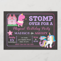 Dinosaur & Unicorn Joint Birthday Invitation Girls