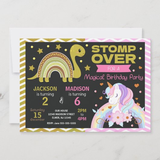 Dinosaur & Unicorn Joint Birthday Invitation Kaart (Voorkant)