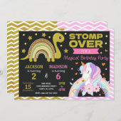 Dinosaur & Unicorn Joint Birthday Invitation Kaart (Voorkant / Achterkant)