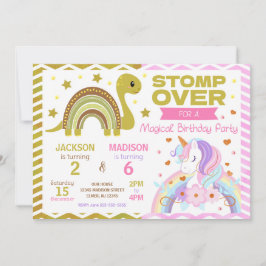 Dinosaur & Unicorn Joint Birthday Invitation Kaart