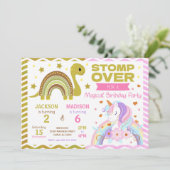 Dinosaur & Unicorn Joint Birthday Invitation Kaart (Staand voorkant)