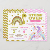 Dinosaur & Unicorn Joint Birthday Invitation Kaart (Voorkant / Achterkant)
