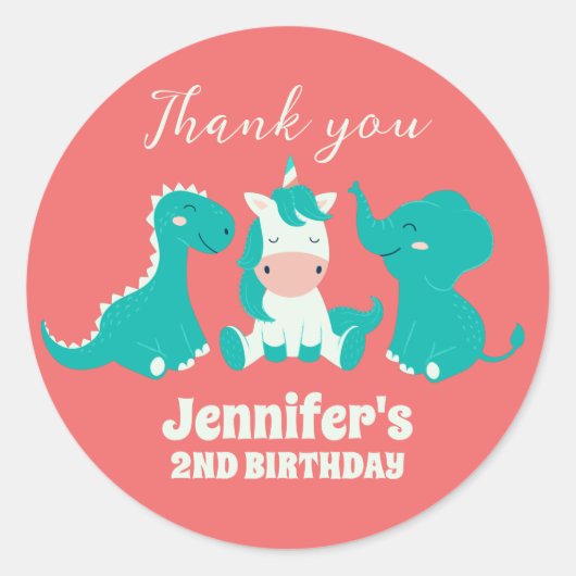 Dinosaur Unicorn Kids Birthday Party Ronde Sticker (Voorkant)