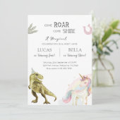 Dinosaur & Unicorn Siblings Joint Birthday Party Kaart (Staand voorkant)