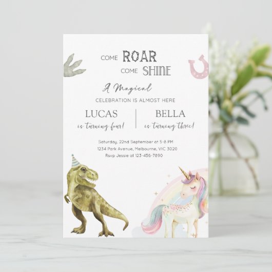 Dinosaur & Unicorn Siblings Joint Birthday Party Kaart (Staand voorkant)