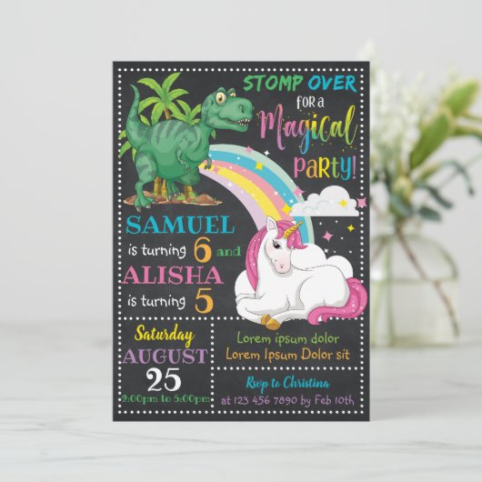 Dinosaur & Unicorn Verjaardag Uitnodiging (Staand voorkant)