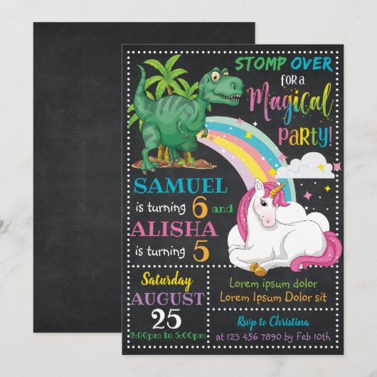 Dinosaur & Unicorn Verjaardag Uitnodiging (Voorkant / Achterkant)