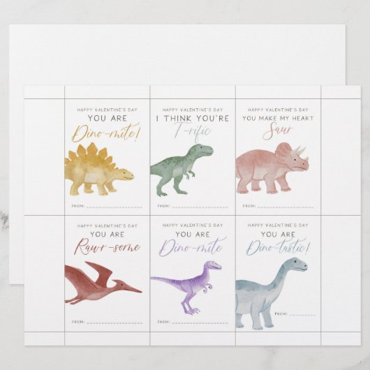 Dinosaur Valentine Cards for Kids Briefhoofd (Voorkant / Achterkant)
