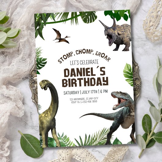 Dinosaur verjaardag Jurassic Stomp Chomp en Brul Kaart