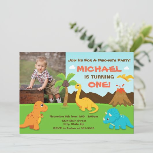 Dinosaur Verjaardag Uitnodiging 1e Verjaardag Part (Staand voorkant)