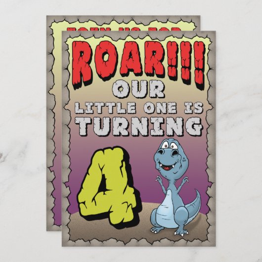 Dinosaur Verjaardag Uitnodiging 4 Jaar Oud (Voorkant / Achterkant)