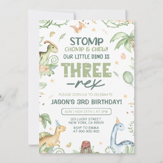 Dinosaur Verjaardag Uitnodiging, BEWERKBAAR Drie-R Kaart (Voorkant)