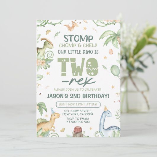 Dinosaur Verjaardag Uitnodiging EDITABLE Twee-Rex (Staand voorkant)