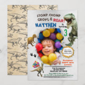 Dinosaur verjaardagfoto uitnodiging kleurig (Voorkant / Achterkant)