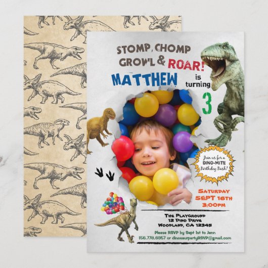 Dinosaur verjaardagfoto uitnodiging kleurig (Voorkant / Achterkant)