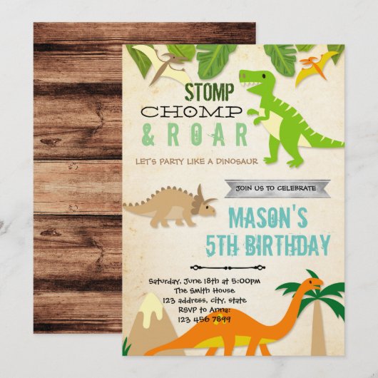 Dinosaur verjaardagsfeest kaart (Voorkant / Achterkant)