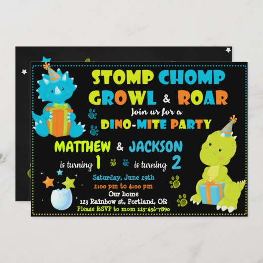 Dinosaur verjaardagsfeest kaart (Voorkant / Achterkant)
