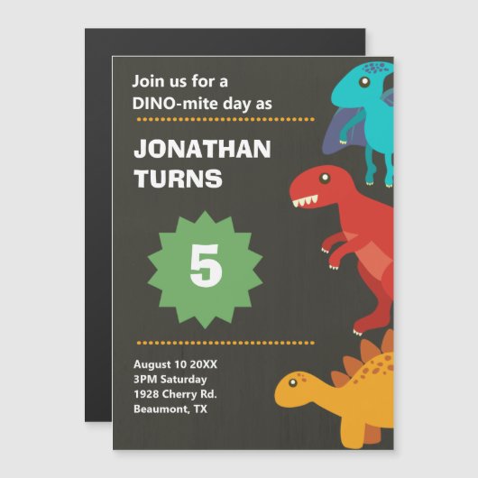 Dinosaur verjaardagsfeest magnetische uitnodiging (Voorkant / Achterkant)