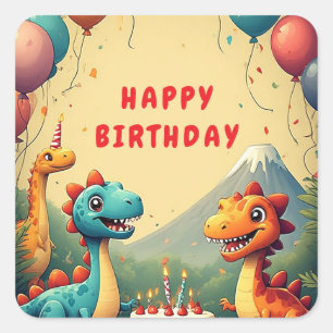 🎉 Dinosaur Verjaardagsfeest Met Taart En Ballonne Vierkante Sticker