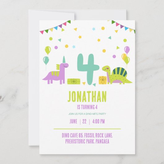 Dinosaur Verjaardagsfeestje Pastel Kinderen 4e Ver Kaart (Voorkant)