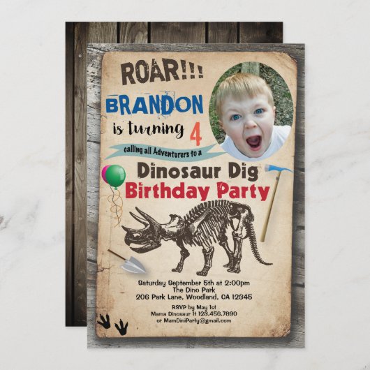 Dinosaur verjaardagsfoto-uitnodiging realistisch kaart (Voorkant / Achterkant)