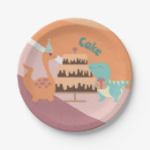 Dinosaur verjaardagstaart neutraal roze sinaasappe papieren bordje (Voorkant)