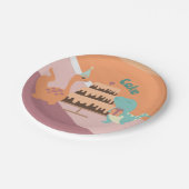 Dinosaur verjaardagstaart neutraal roze sinaasappe papieren bordje (Gekanteld)