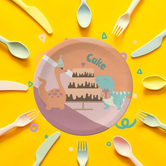 Dinosaur verjaardagstaart neutraal roze sinaasappe papieren bordje