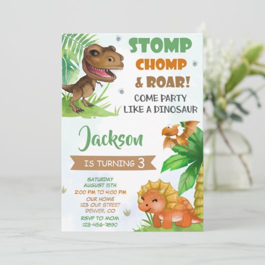 Dinosaur verjaardagsuitnodiging Dino uitnodiging (Staand voorkant)