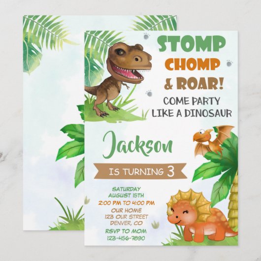 Dinosaur verjaardagsuitnodiging Dino uitnodiging (Voorkant / Achterkant)